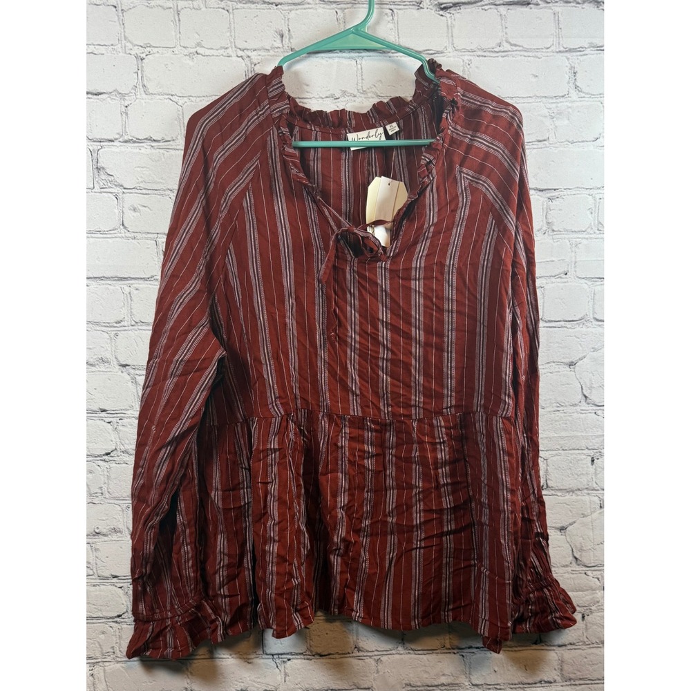 Wonderly Peplum Blouse Tie Neck Long Sleeve Striped Top XL